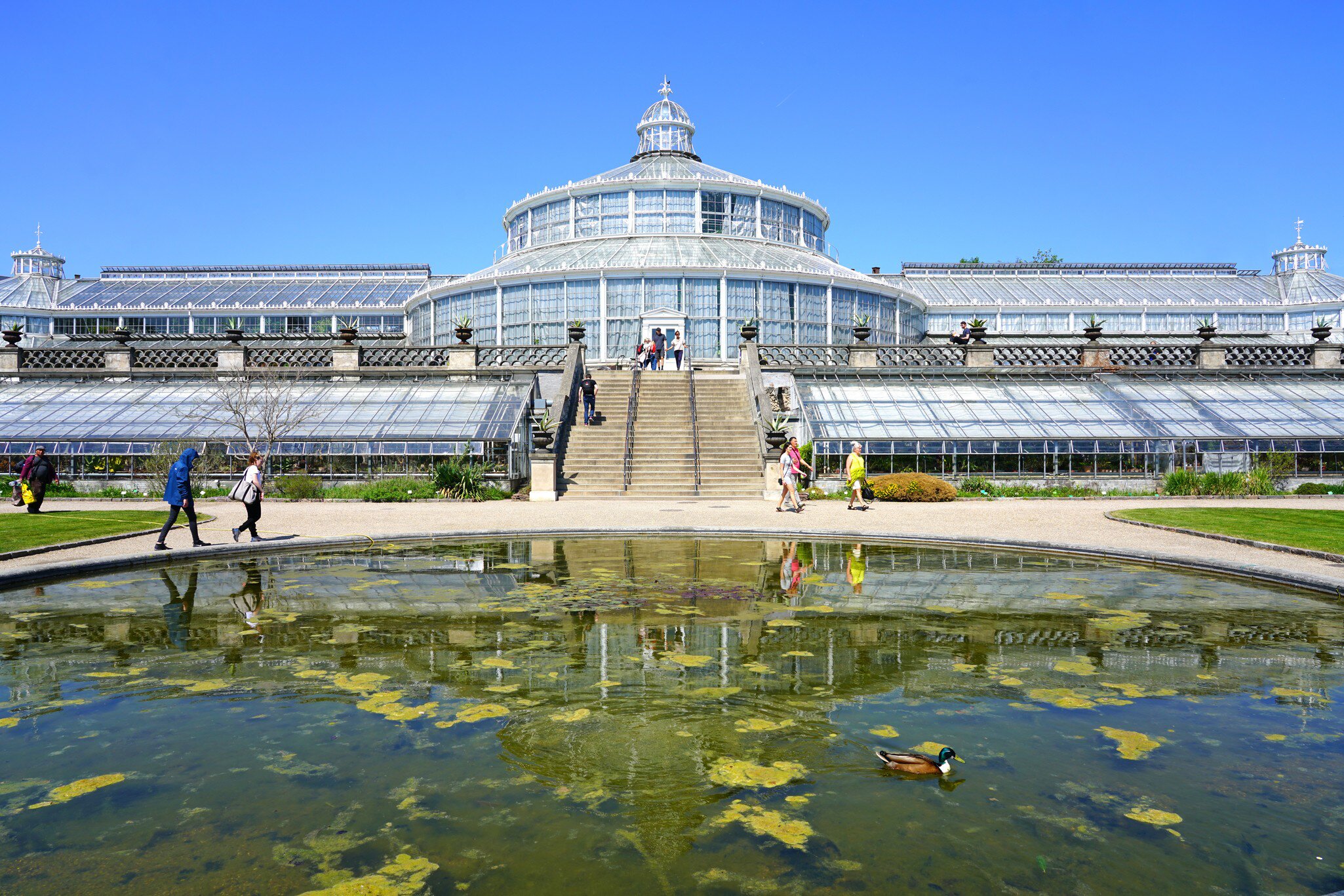 View of the historic glass greenhouses at the University of Copenhagen Botanical Garden (Botanisk have) in Copenhagen, Denmark.    