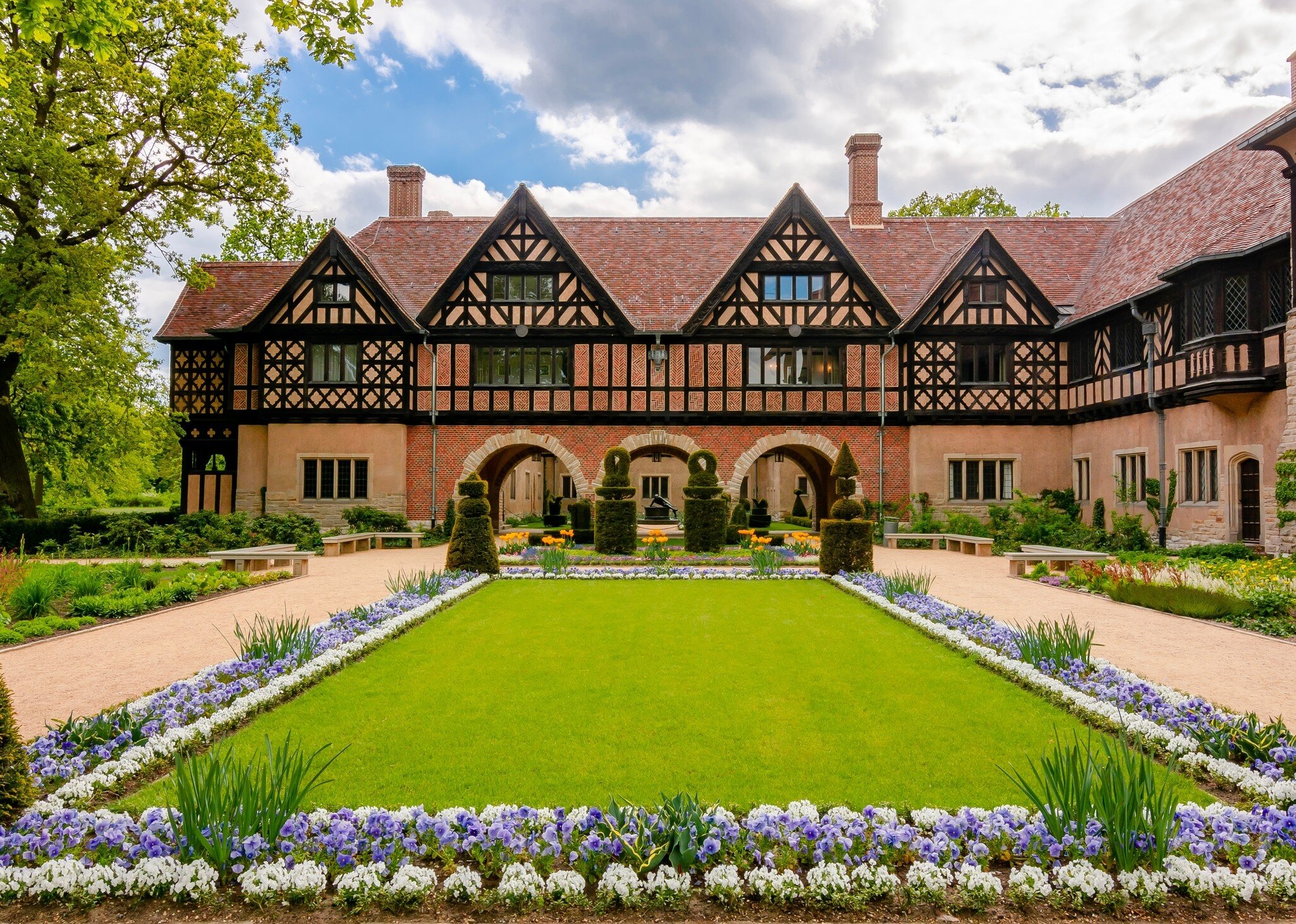 Facade of Cecilienhof palace in New (Neuer) park, Potsdam, Germany.