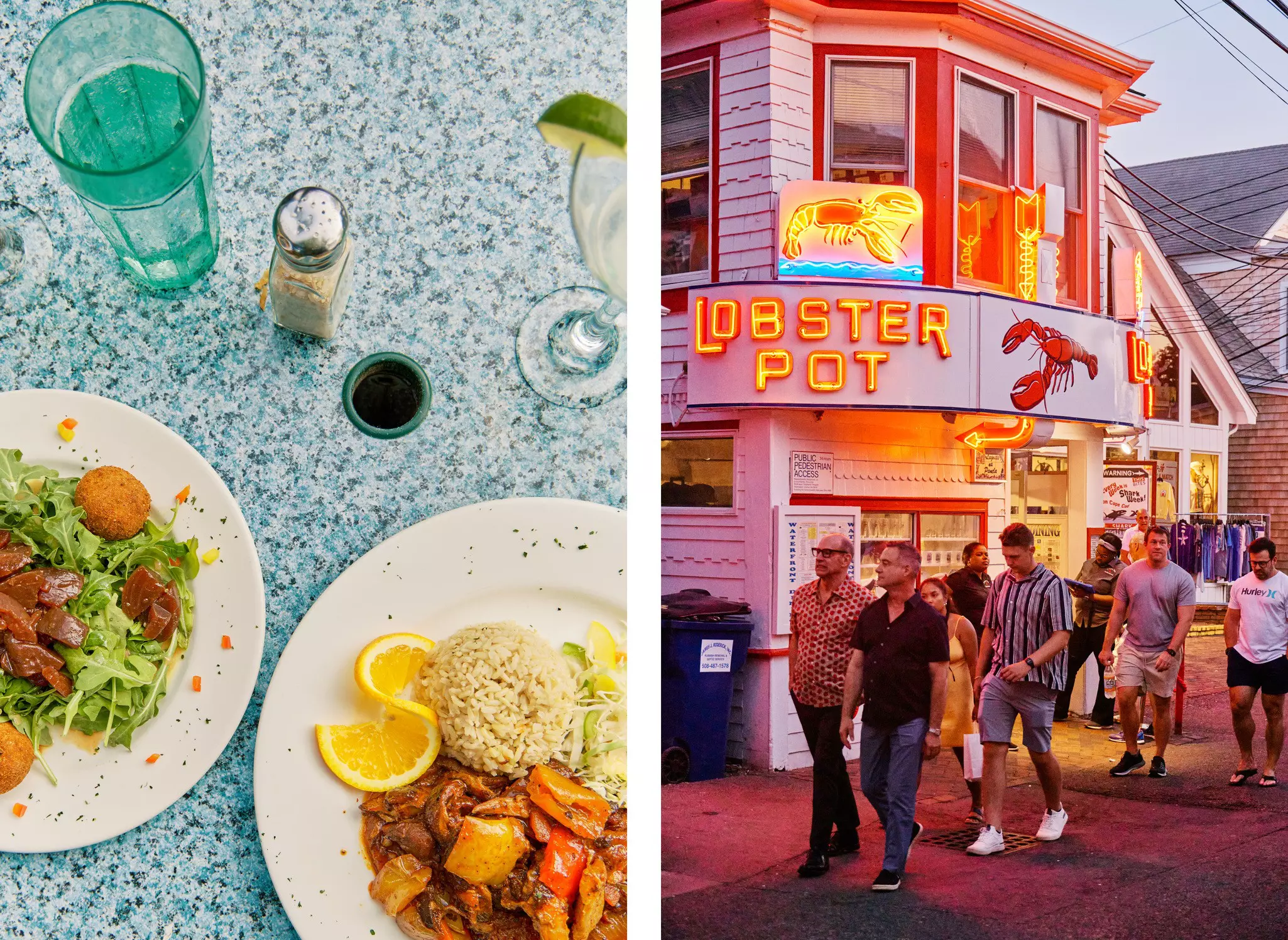 A diptych with a mean of friend seafood and toast on a formica countertop on the left, on the right people walk past the neon signage of a business called the Lobster Pot in the evening