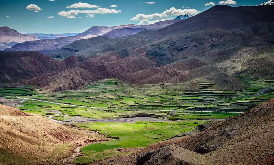 Green fields a valley surrounded by foothills on a sunny day.