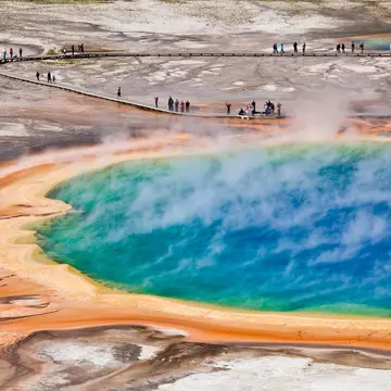 Bird's-eye view of Grand Prismatic Spring in Yellowstone National Park.
