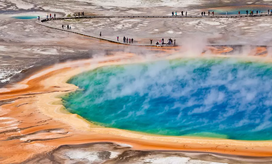 Bird's-eye view of Grand Prismatic Spring in Yellowstone National Park.