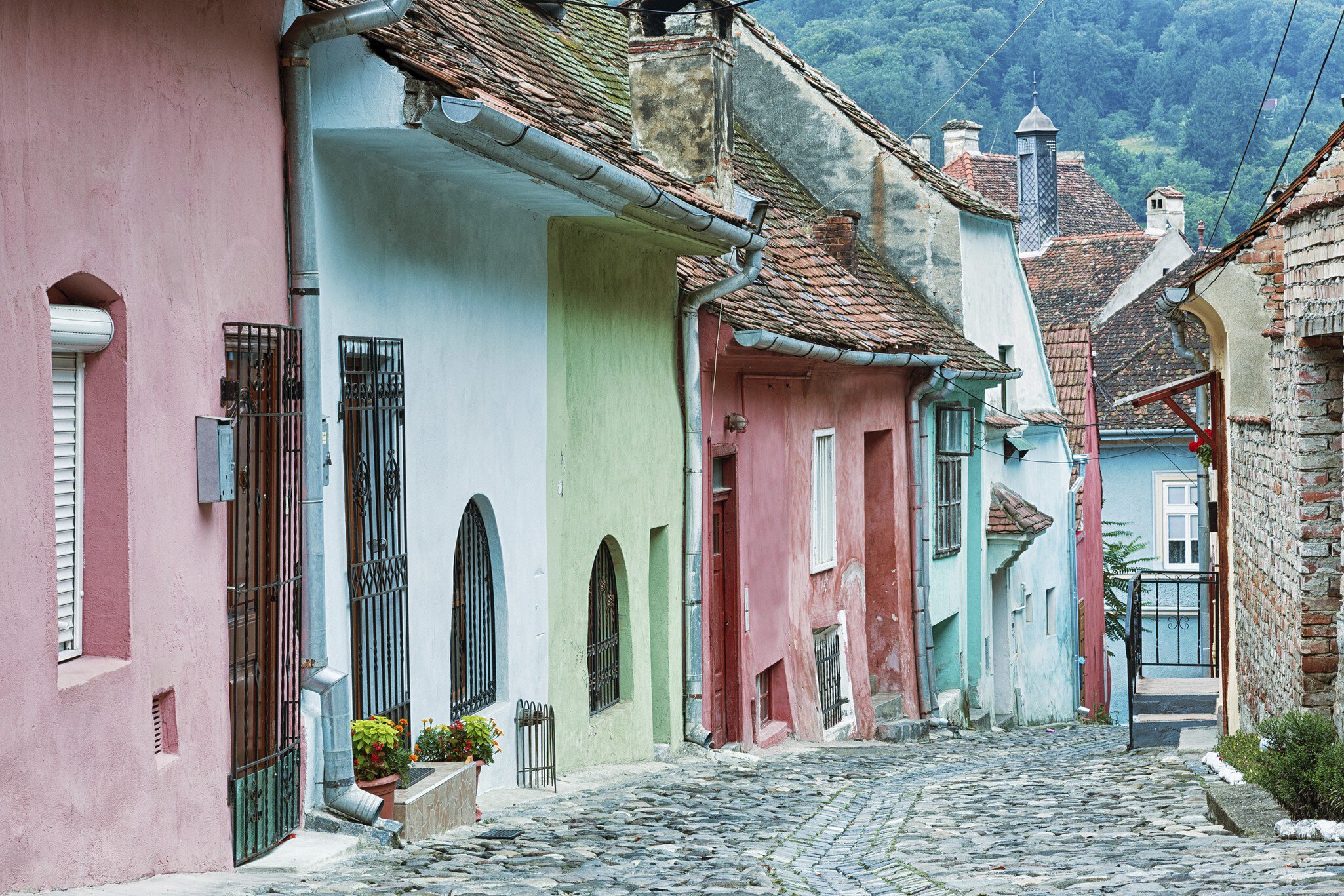 Cobblestone street in Sighisoara, Romania.