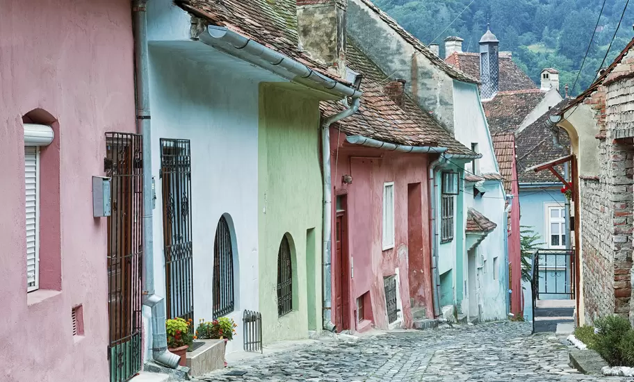 Cobblestone street in Sighisoara, Romania.