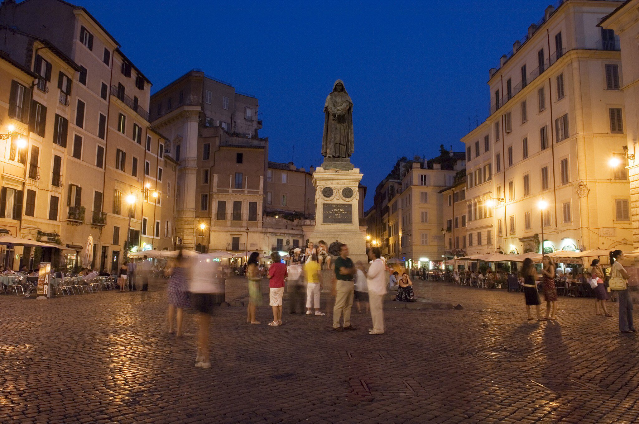 Crowd gathering in Campo de Fiori in Centro Storico, early evening.