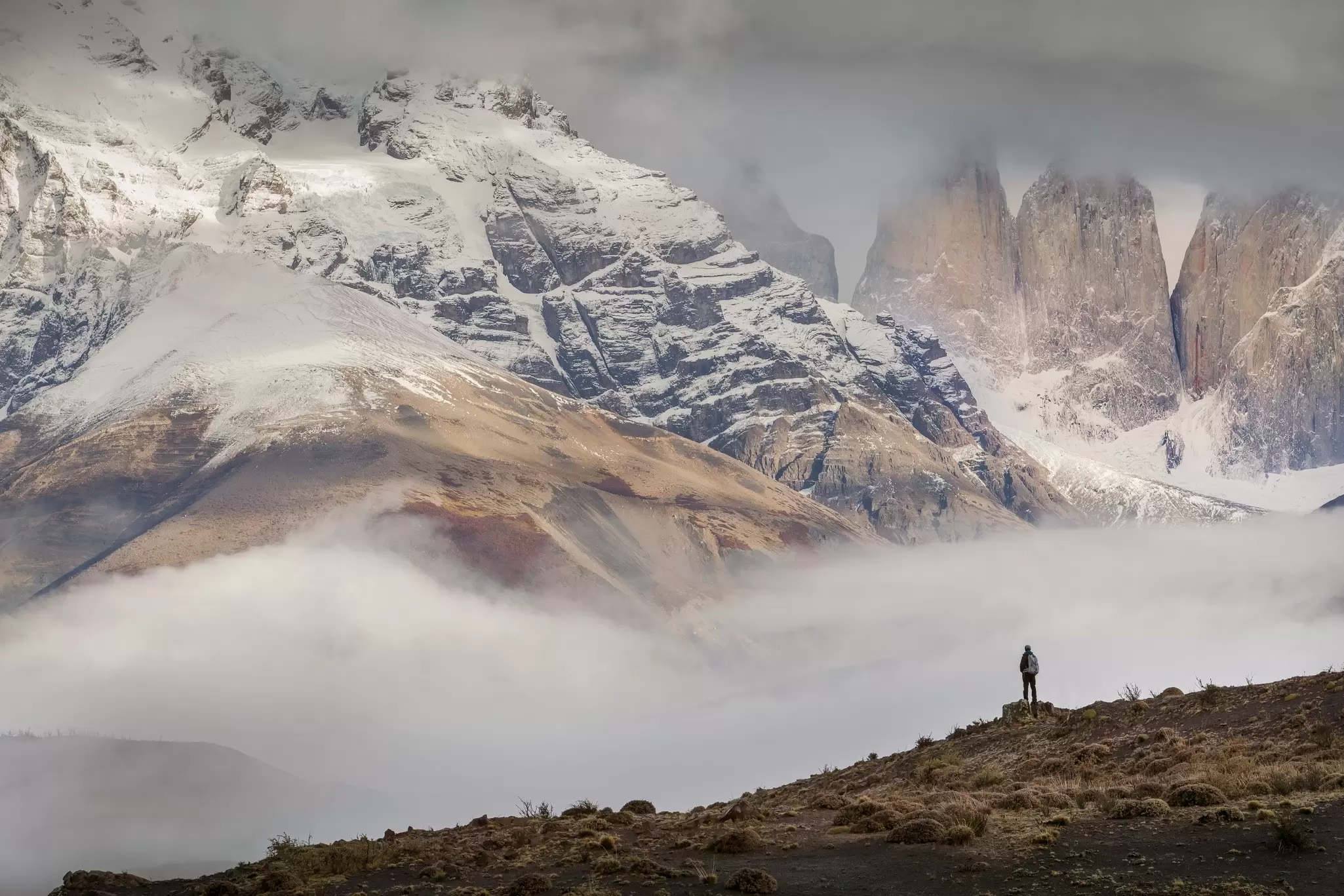 Lonely Planet Traveller Magazine, issue 108, December 2017, Great Escape, Chile, Patagonia
A hiker stands in awe of the huge granite peaks of the three Torres del Paine, part of the larger range of the Cordillera Paine.