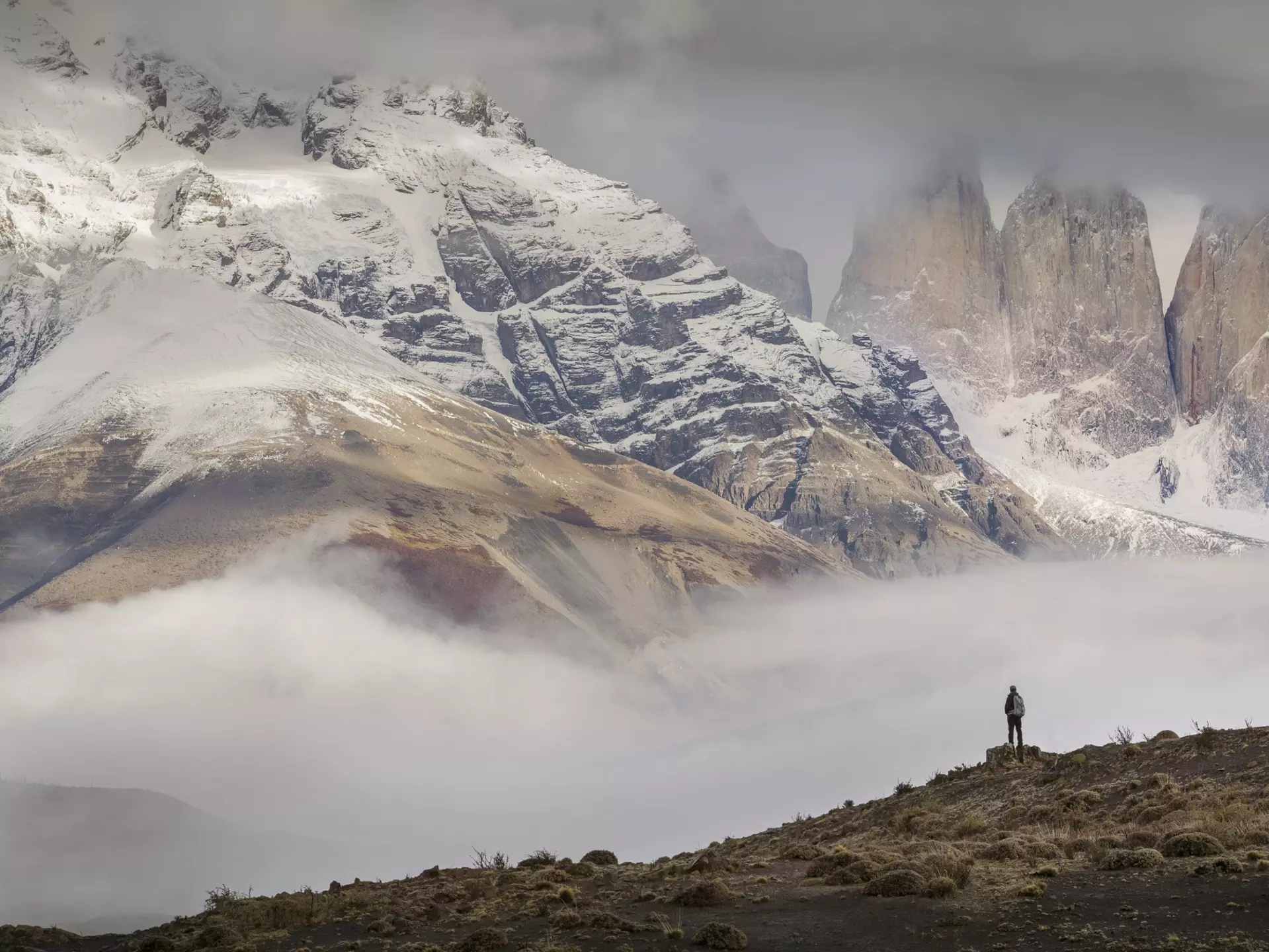 Lonely Planet Traveller Magazine, issue 108, December 2017, Great Escape, Chile, Patagonia
A hiker stands in awe of the huge granite peaks of the three Torres del Paine, part of the larger range of the Cordillera Paine.