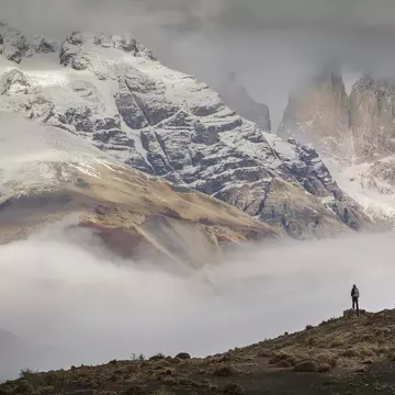 Lonely Planet Traveller Magazine, issue 108, December 2017, Great Escape, Chile, Patagonia
A hiker stands in awe of the huge granite peaks of the three Torres del Paine, part of the larger range of the Cordillera Paine.