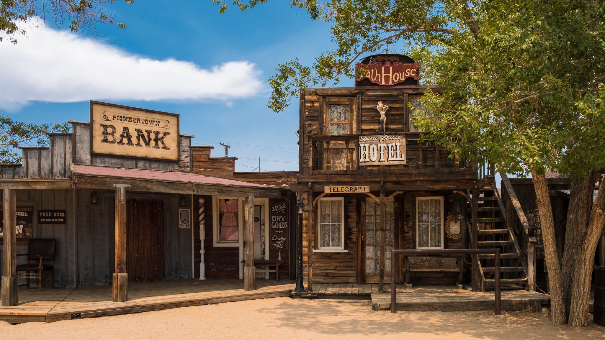 Wooden buildings on Mane Street of the former Wild West movie set turned theme park, Pioneertown.