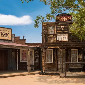 Wooden buildings on Mane Street of the former Wild West movie set turned theme park, Pioneertown.