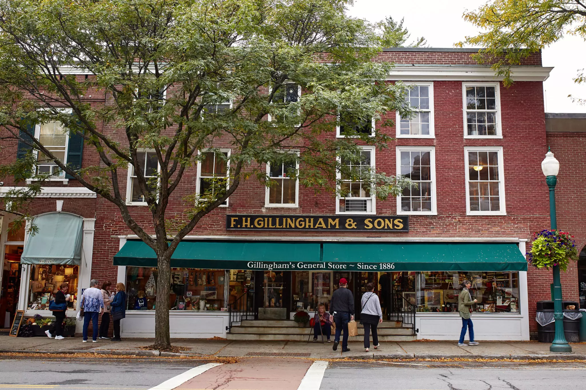 Exterior of iconic FH Gillingham & Sons general store in the historic New England town of Woodstock.