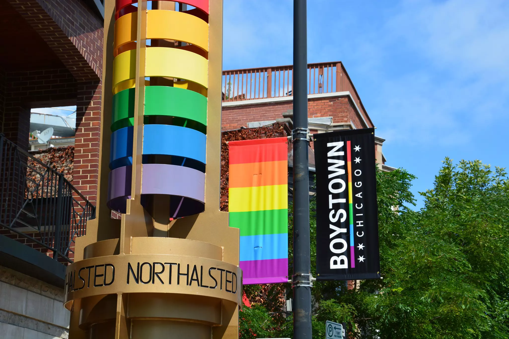 Rainbow streetscape along North Halsted St. in the Boystown neighborhood of Chicago, Illinois.