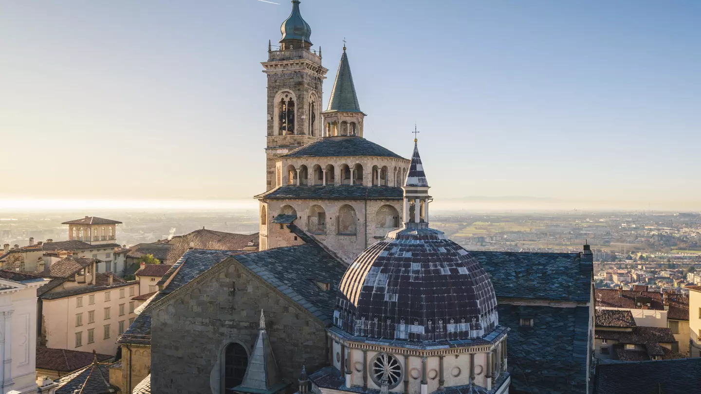 View of the cityscape and Saint Mary Major Basilica of Bergamo, Italy.