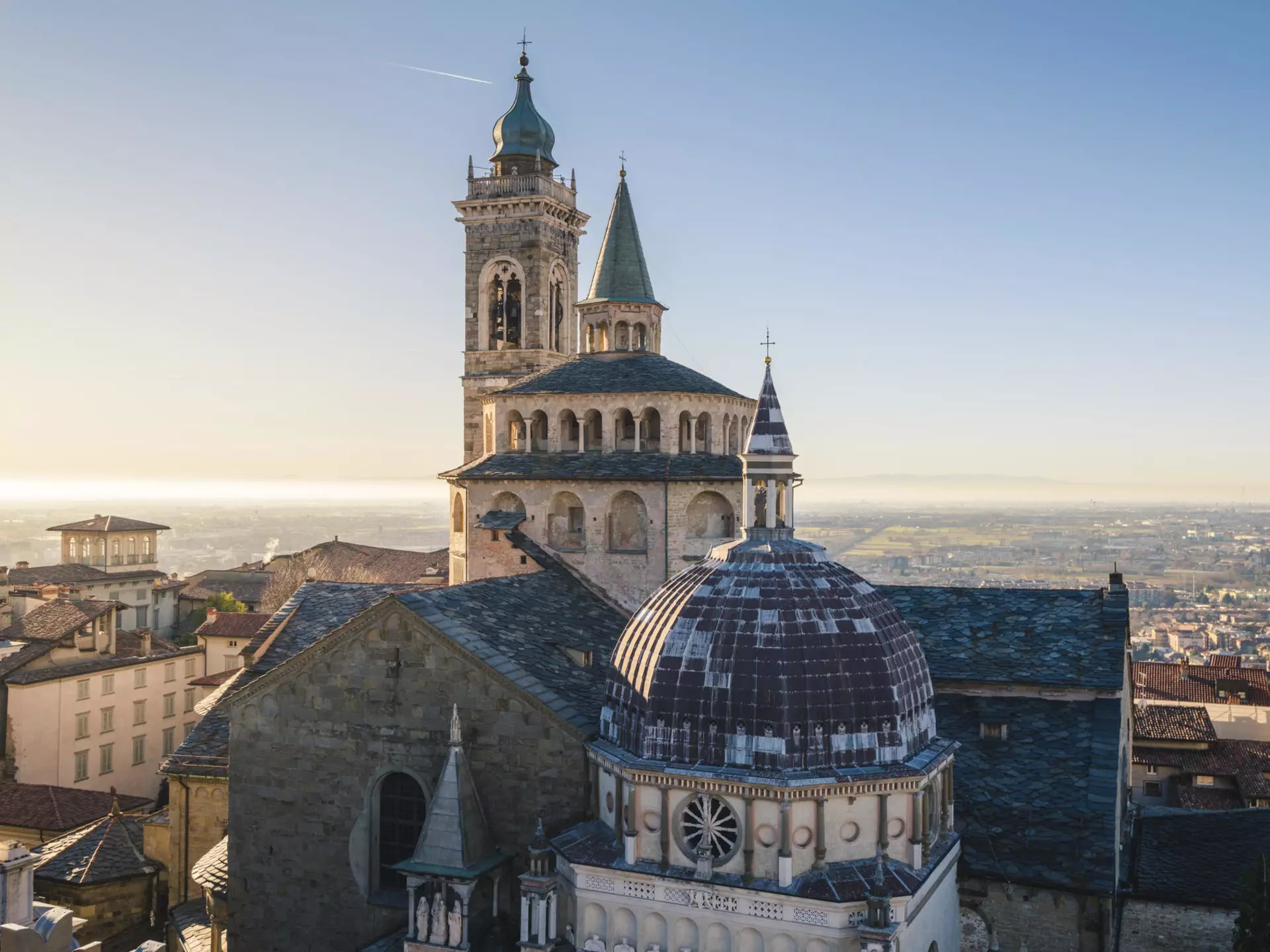 View of the cityscape and Saint Mary Major Basilica of Bergamo, Italy.