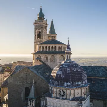 View of the cityscape and Saint Mary Major Basilica of Bergamo, Italy.