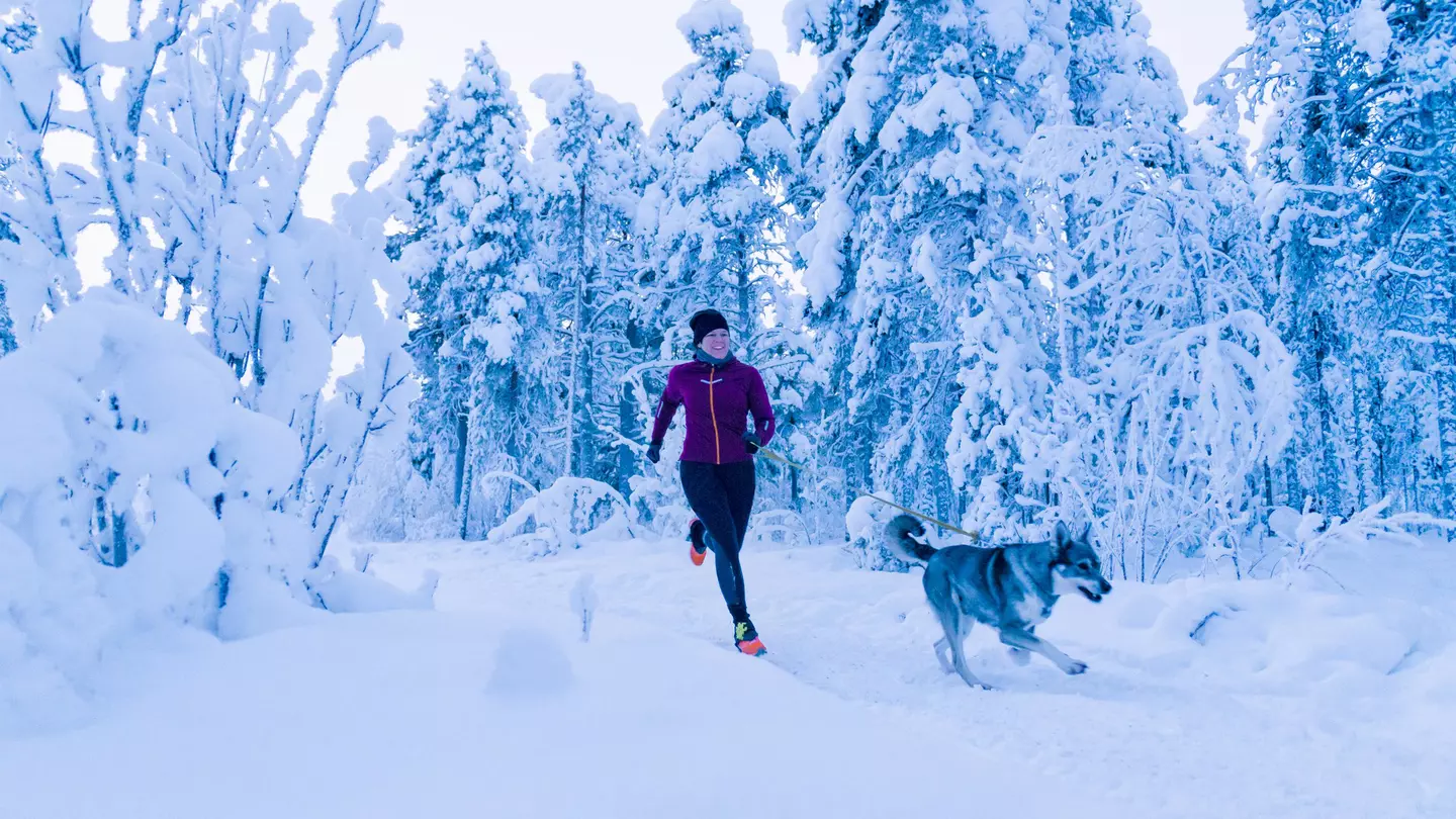 A woman running with her dog in the snow in Sweden