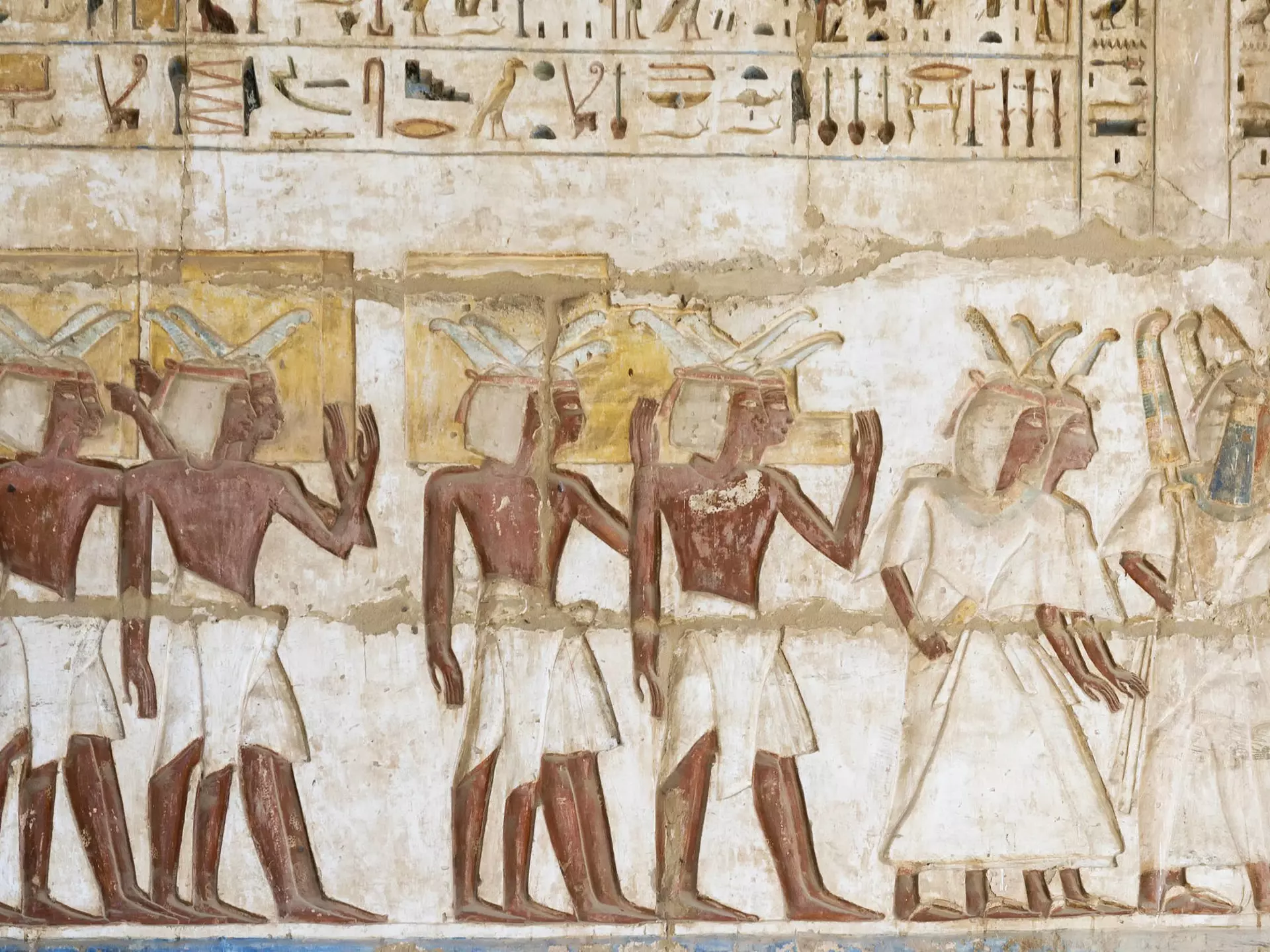 Hieroglyph color of a religious service in the temple at medinet habu in Luxor Egypt
363372983
stone, alphabet, sculpture, hieroglyphic, travel, carving, rock, past, sign, culture, civilization, symbol, history, god, egypt, old, word, sandstone, horoscope, egyptian, historic, hieroglyph, wall, writing, texture, architecture, temple, text, pharaoh, tourism, art, antique, ancient, pattern, luxor