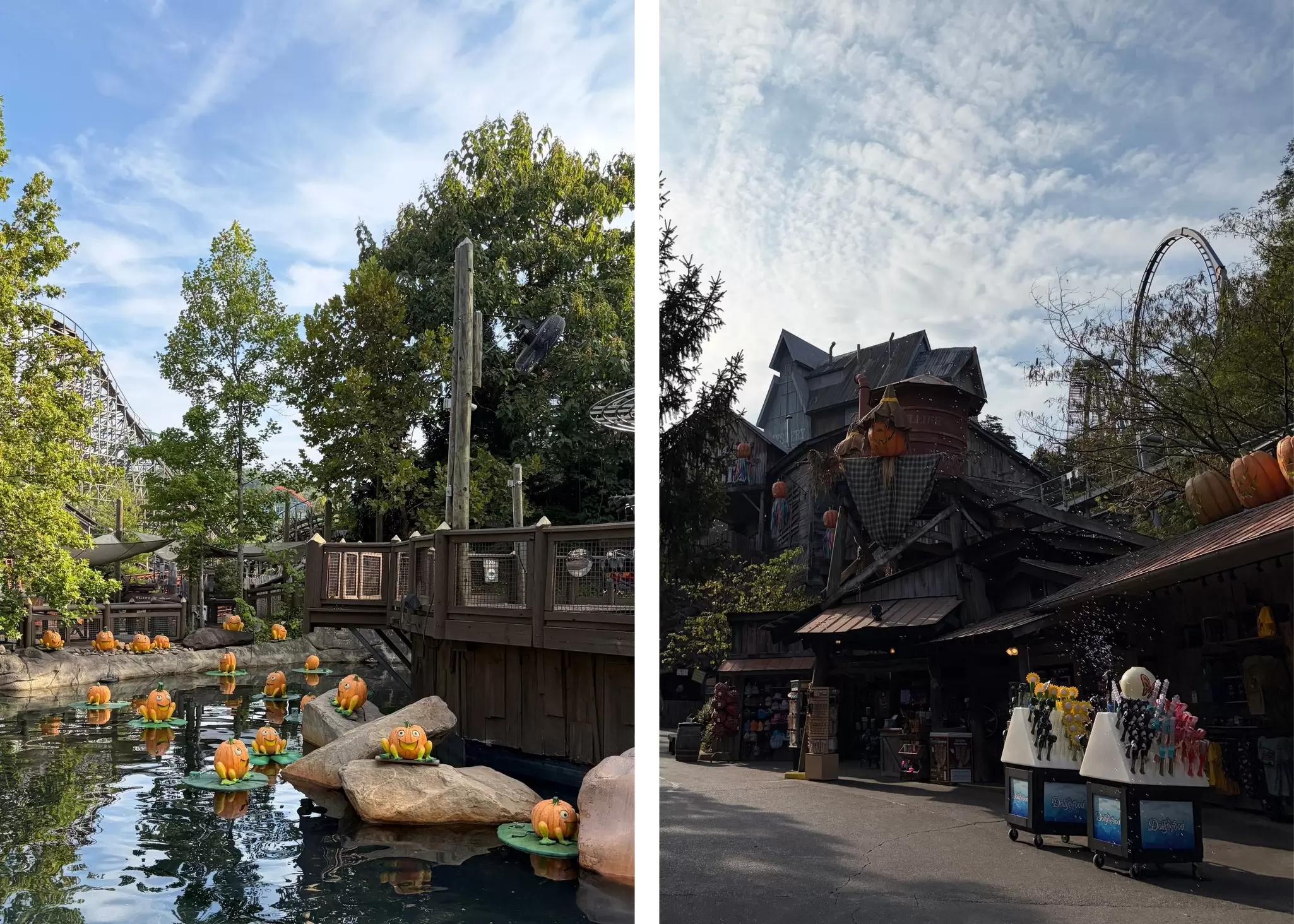Frog-shaped pumpkins decorate the park in a photo on the left and on the right a rollercoaster towers over a gift shop