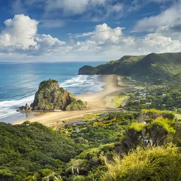 Lion Rock dominates the bay and beach at the surfers' paradise of Piha. Justin Foulkes / Lonely Planet