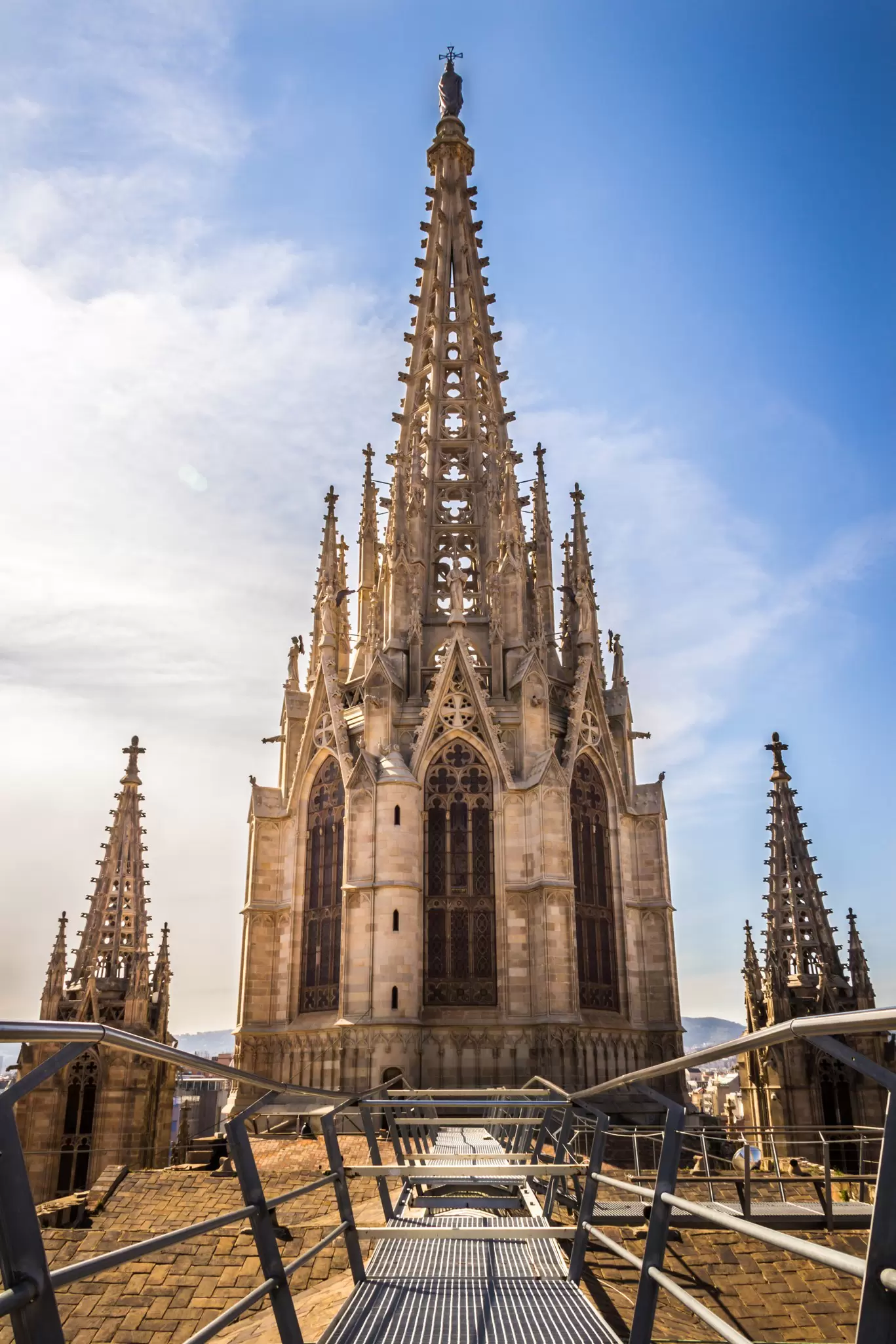 The rooftop looking at the spire of La Catedral de Santa Eulalia de Barcelona.
