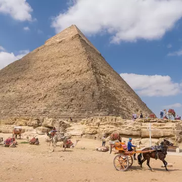 Camels and horse-drawn carriages next to the Pyramid of Khafre in Giza.