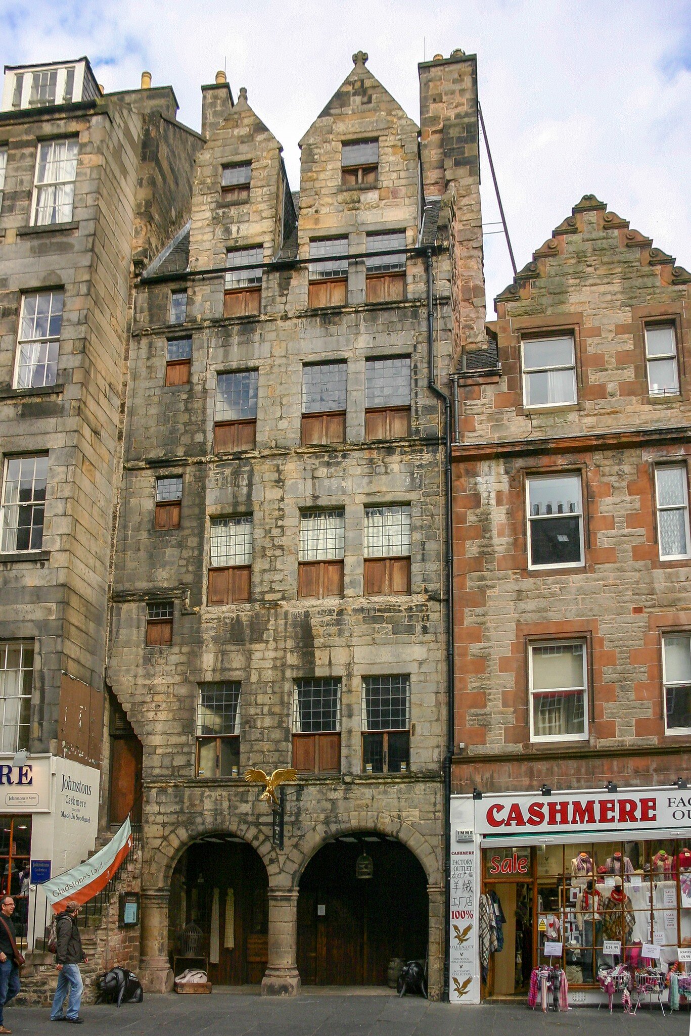A vertical view of Gladstone's Land,  a surviving 17th-century high-tenement house situated in the Old Town of the city of Edinburgh, Scotland.