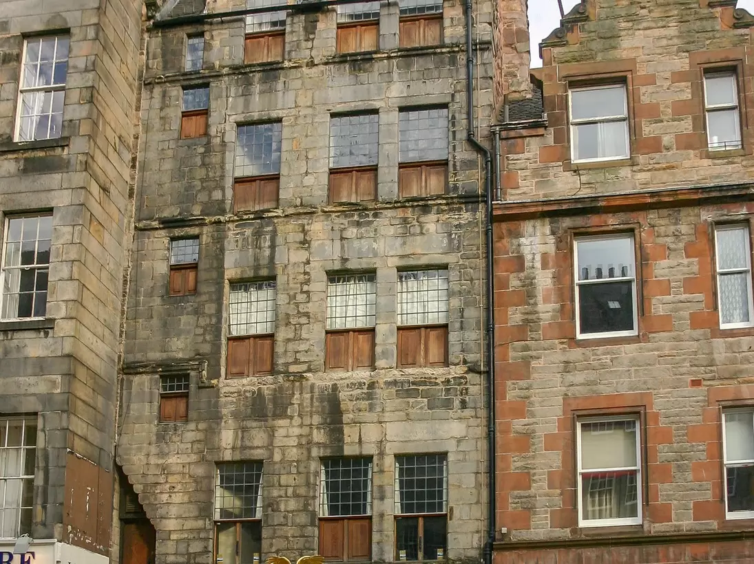 A vertical view of Gladstone's Land,  a surviving 17th-century high-tenement house situated in the Old Town of the city of Edinburgh, Scotland.