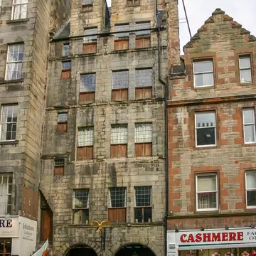 A vertical view of Gladstone's Land,  a surviving 17th-century high-tenement house situated in the Old Town of the city of Edinburgh, Scotland.