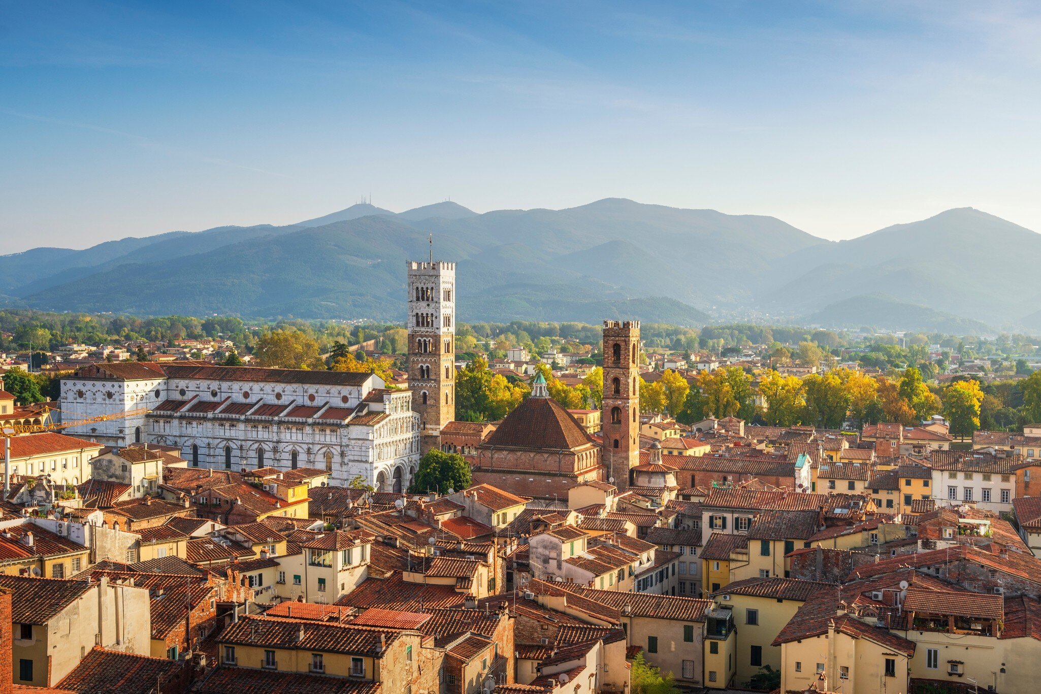 Lucca panoramic aerial view of the city and San Michele in Foro Cathedral.