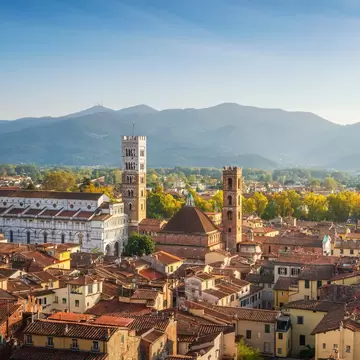Lucca panoramic aerial view of the city and San Michele in Foro Cathedral.
