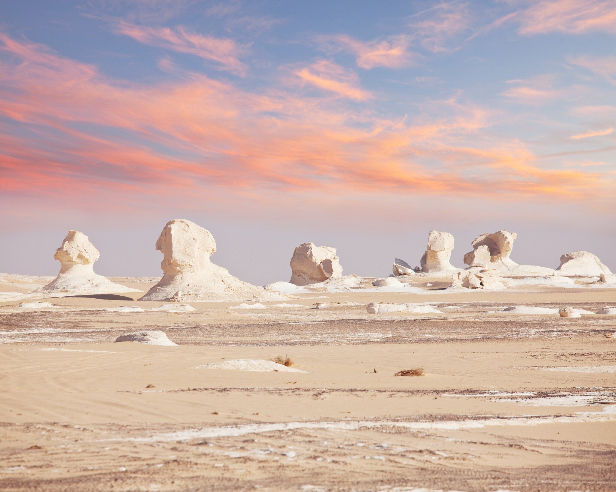 Chalk rock formations in White Desert National Park in Egypt.