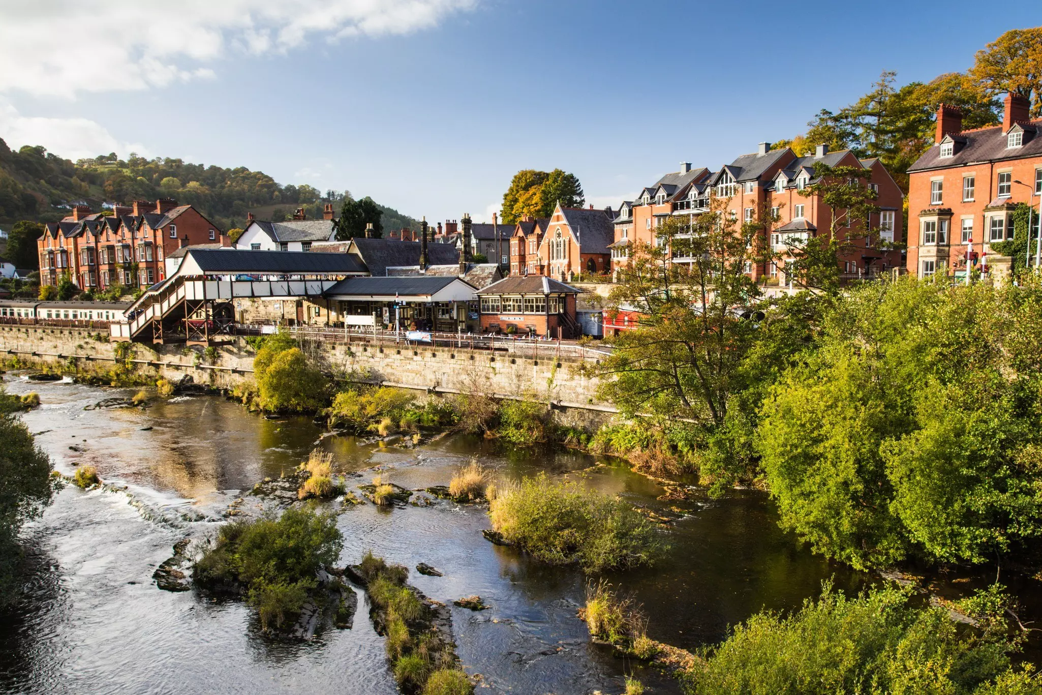 Old railway station museum and the town of Llangollen, Wales,