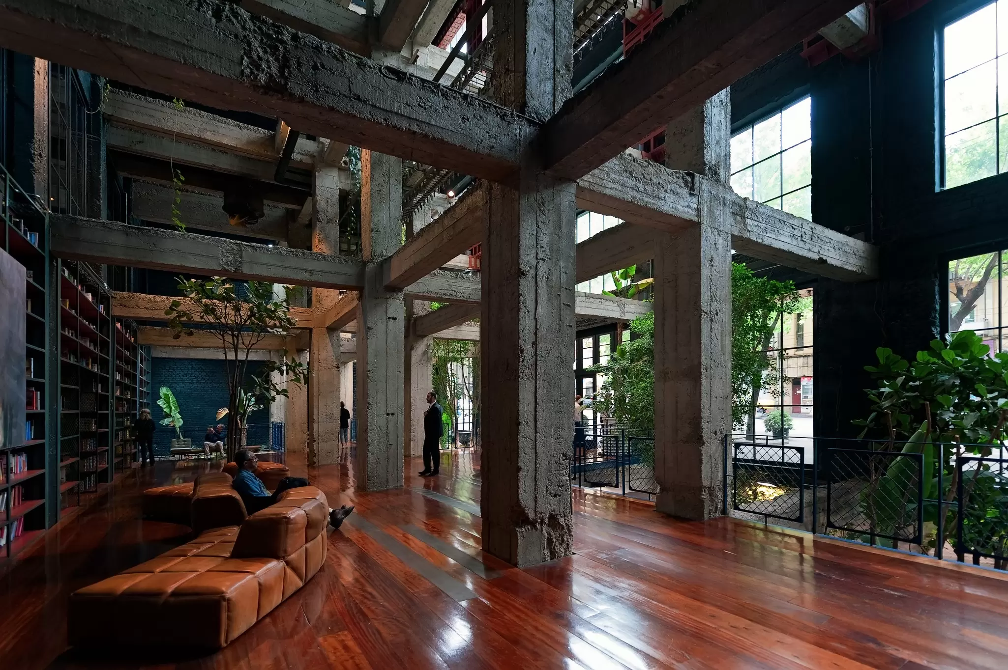 An industrial design in a hotel lobby with large concrete blocks: Stamba in Tbilisi, Georgia. 