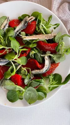 Green salad with anchovies and roasted red peppers Chef Flannery Klette-Kolton