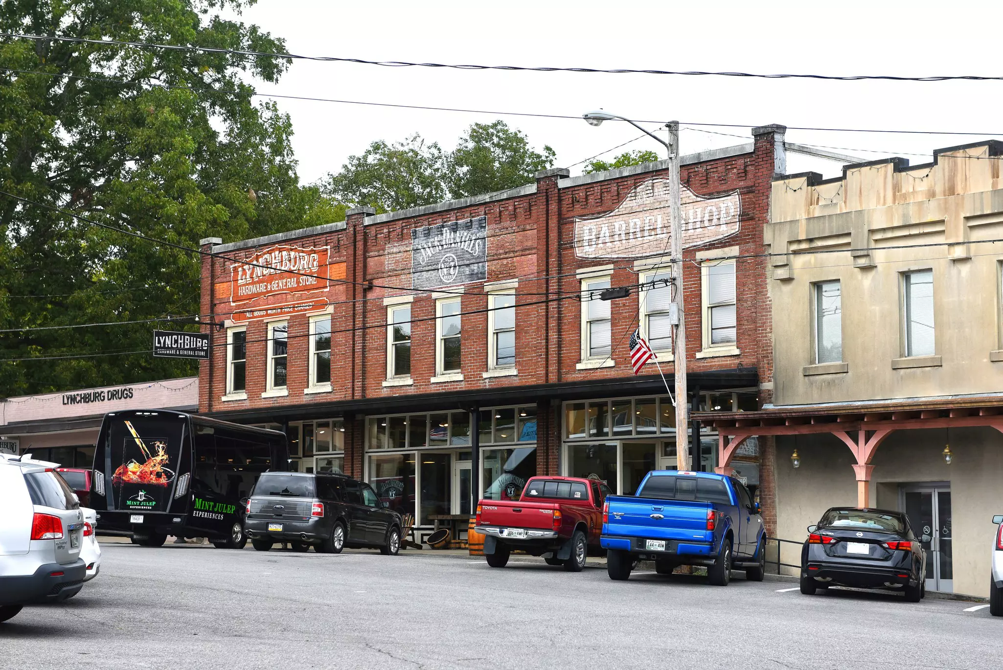 A row of storefronts in Lynchburg, TN, including Jack Daniels. Paul McKinnon/Shutterstock