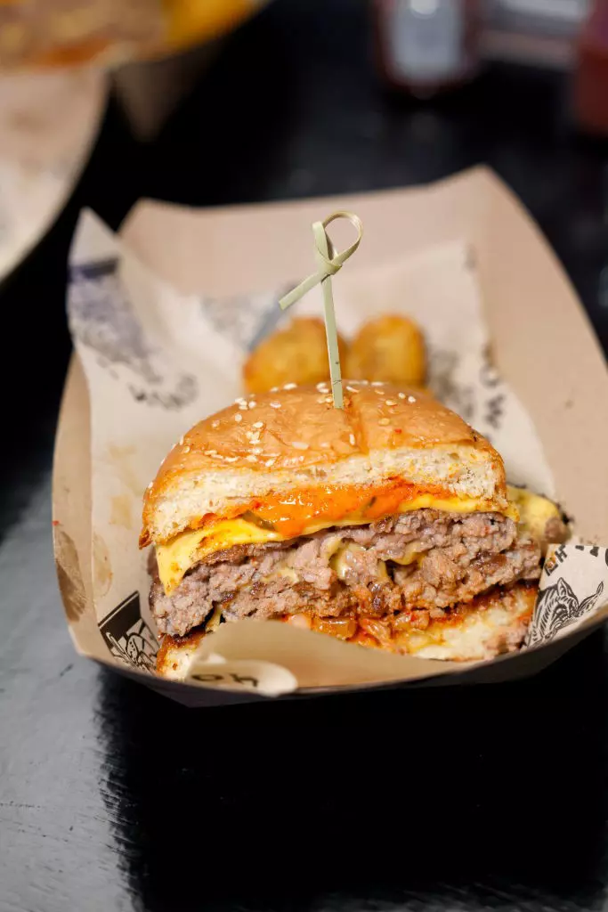 A detailed view of Nowon's Burger during Food Network New York City Wine & Food Festival