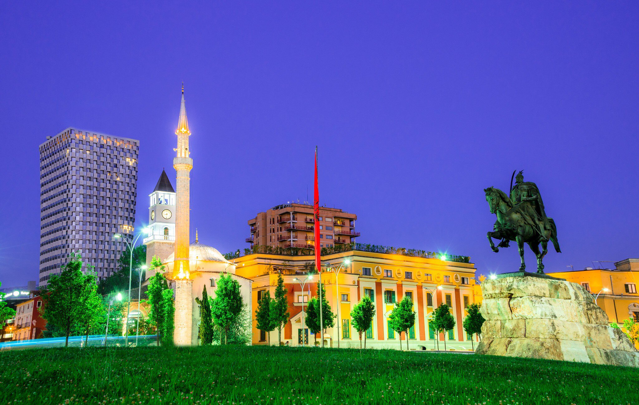 The Et'hem Bey Mosque in Skanderbeg Square, at night, Tirana - Albania