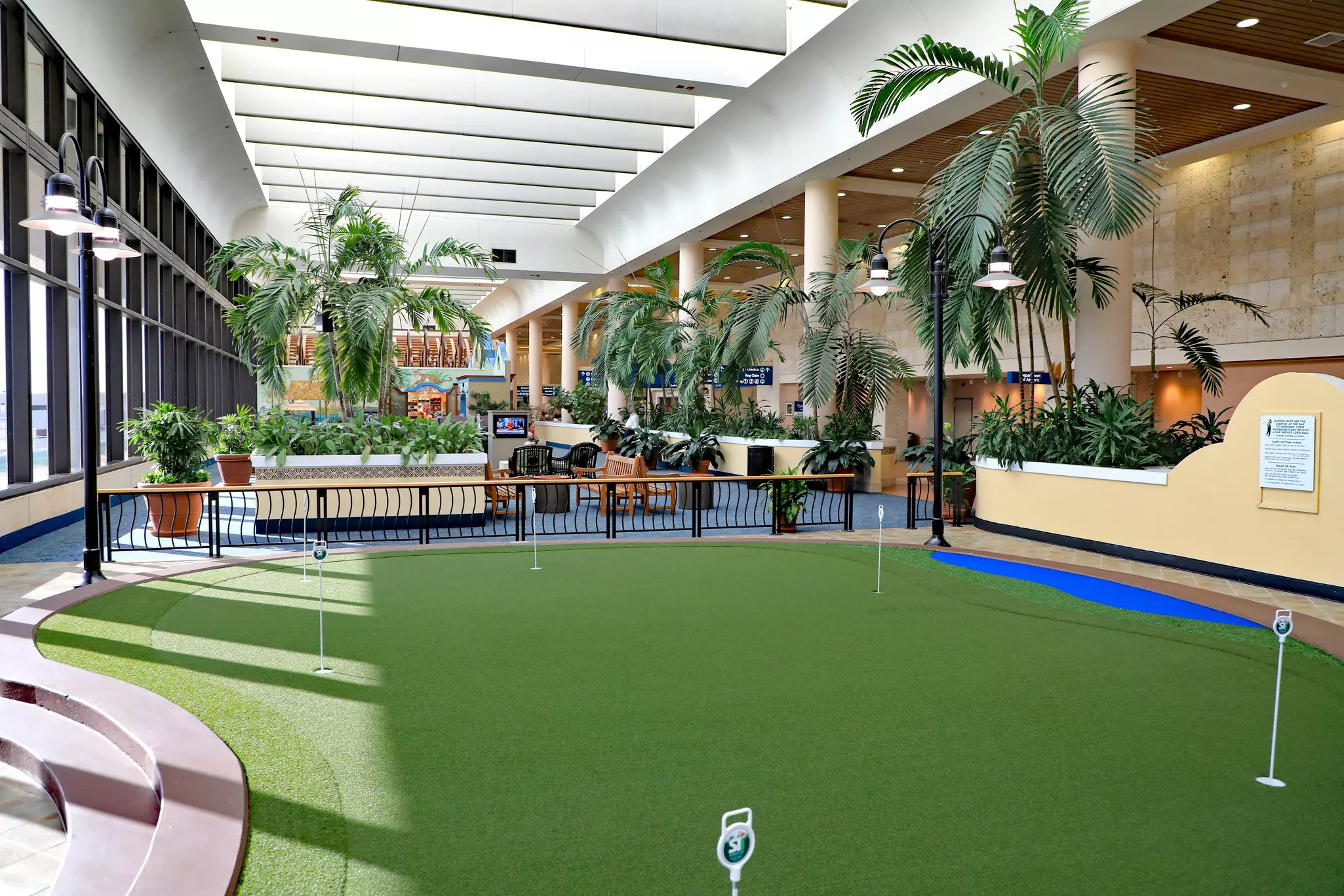 A small putting green lined with palm trees in an aiport