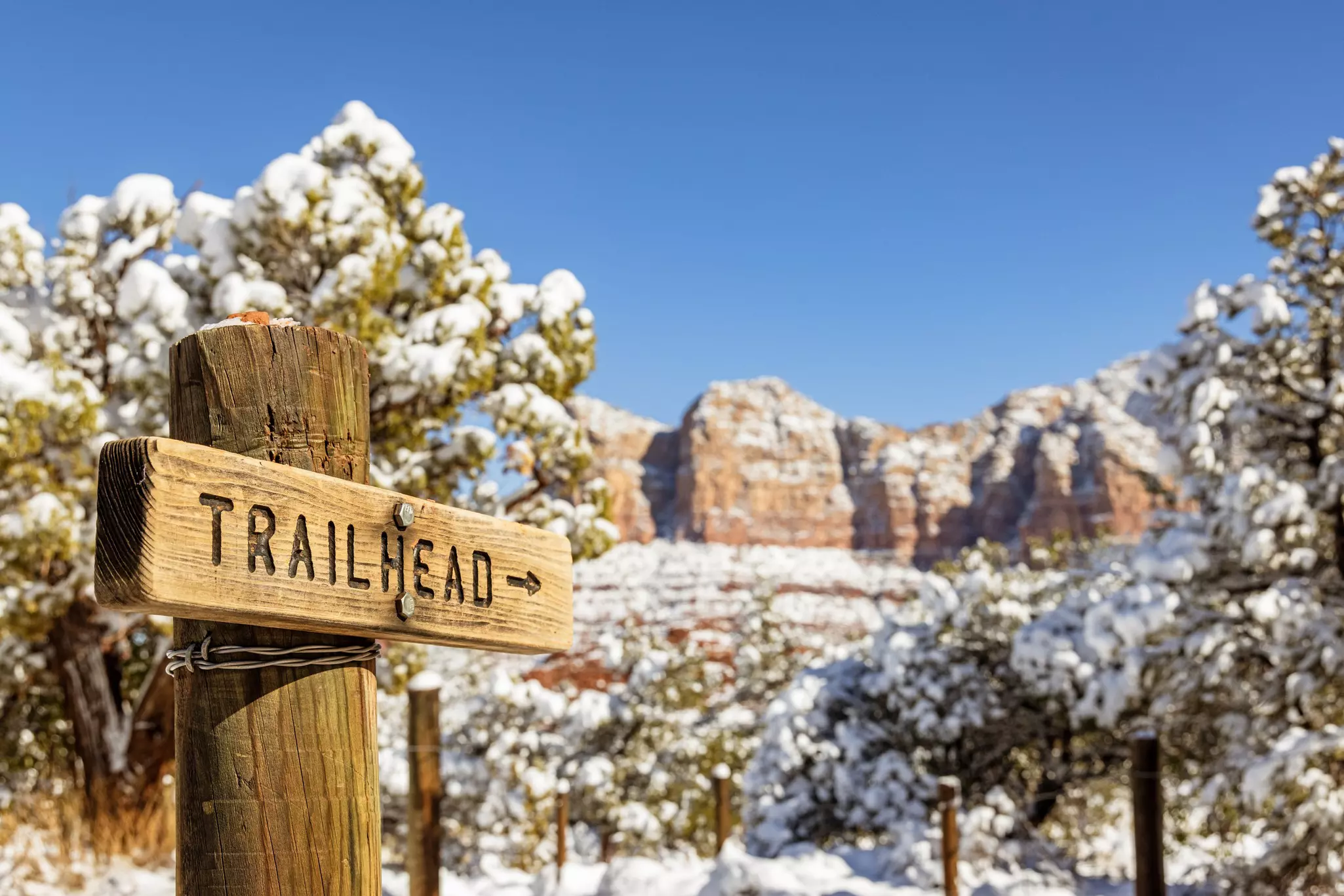 A wooden sign that says "TRAILHEAD" and an arrow pointing towards snow-topped trees and rocky hills.