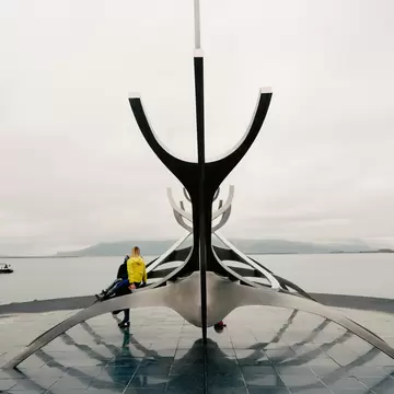 View of Sun Voyager, a sculpture of a Viking ship in Reykjavík, Iceland.