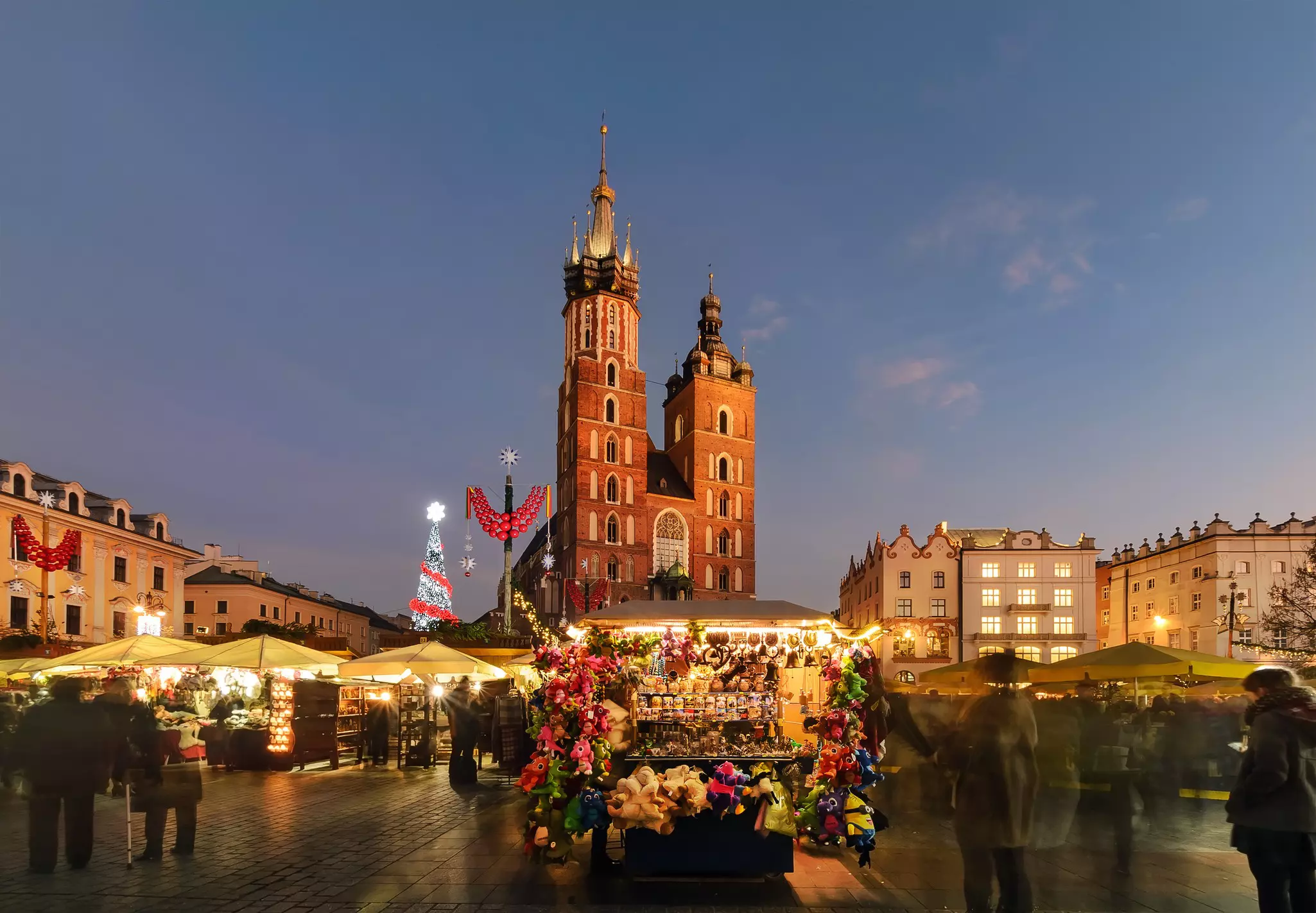 Traditional street market in Main Market Square of the Old City in Krakow, Poland at Christmas.