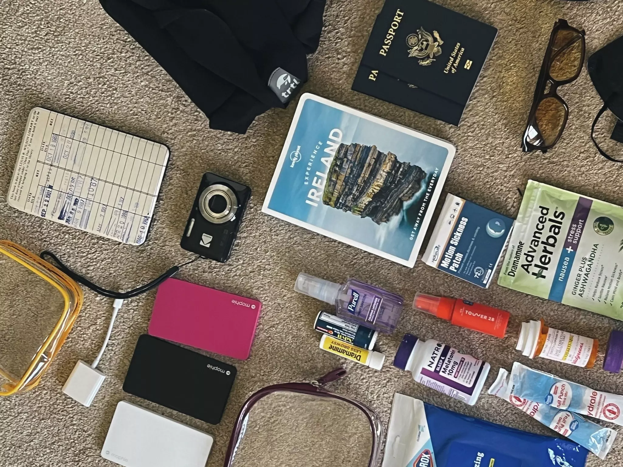 Plane essentials, including medication, chargers, a book, hand sanitizer and more