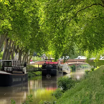 Long boats traverse through a canal 
