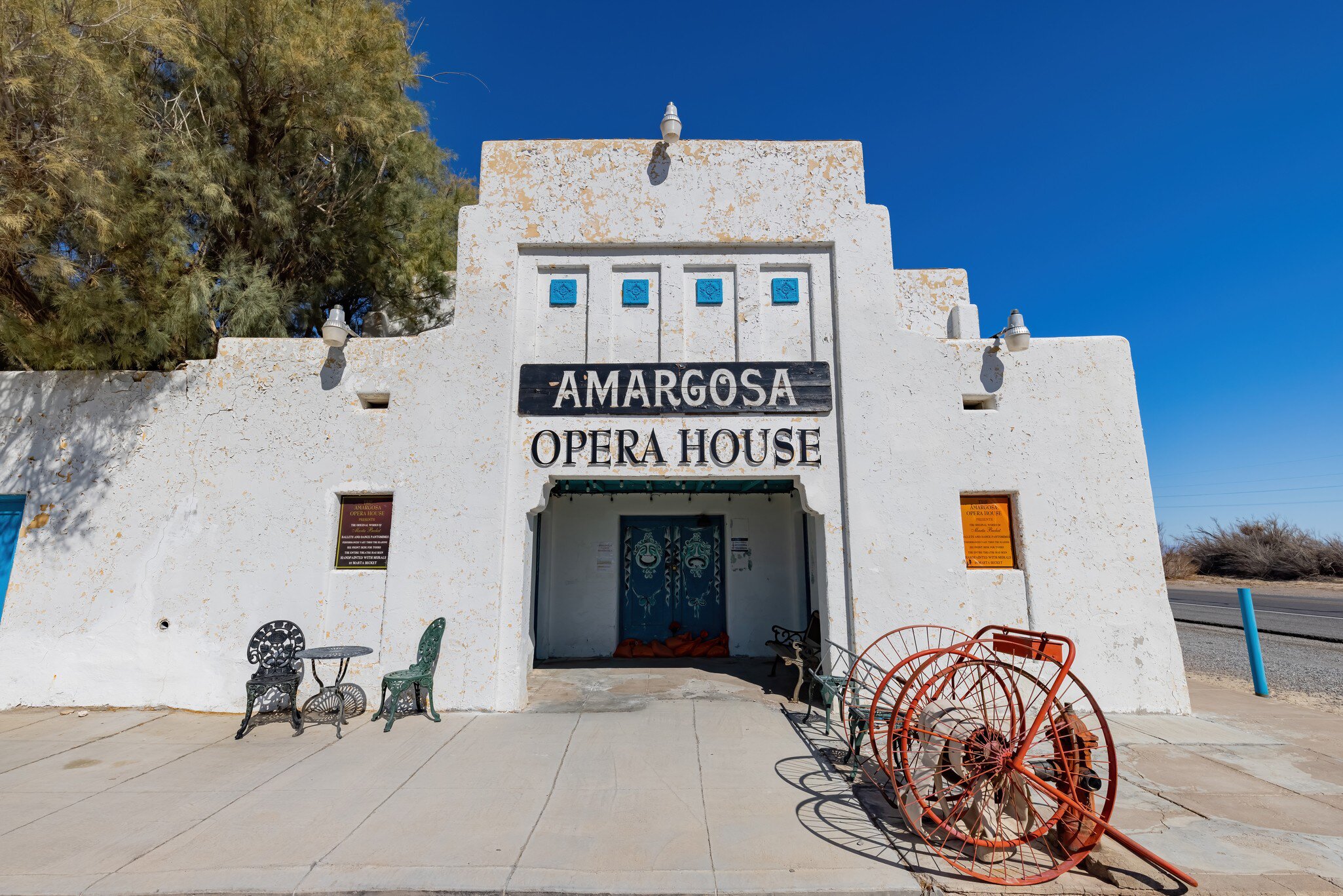 Sunny exterior view of the historic Amargosa Opera House.