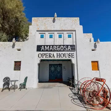 Sunny exterior view of the historic Amargosa Opera House.