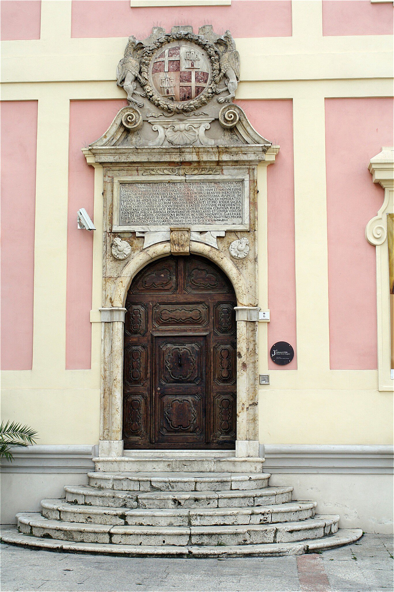 Entrance of the Old Civic Palace of Cagliari, Sardinia, Italy.