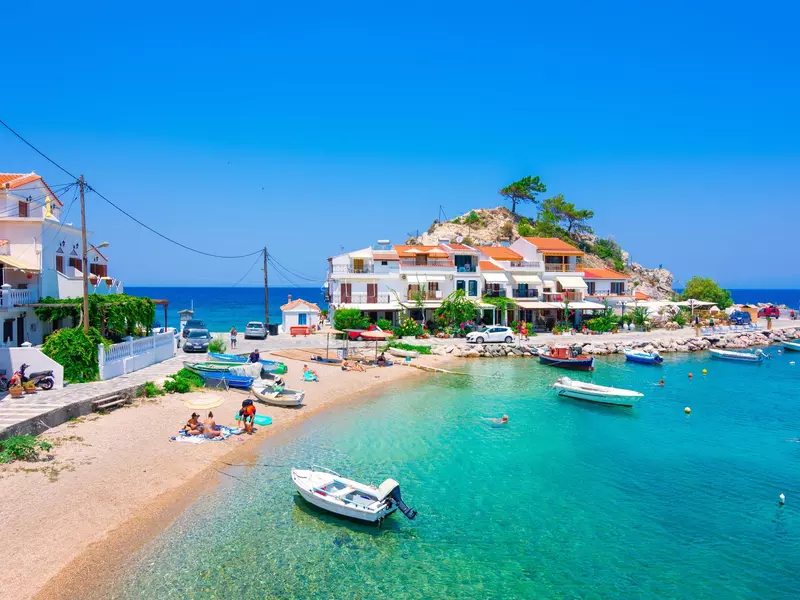 View of Kokkari fishing village with beautiful beach, Samos island, Greece, License Type: media, Download Time: 2025-05-14T15:57:16.000Z, User: sashabrady26, Editorial: false, purchase_order: 65050 - Digital Destinations and Articles, job: Lonely Planet, client: Greek islands, other: Sasha Brady