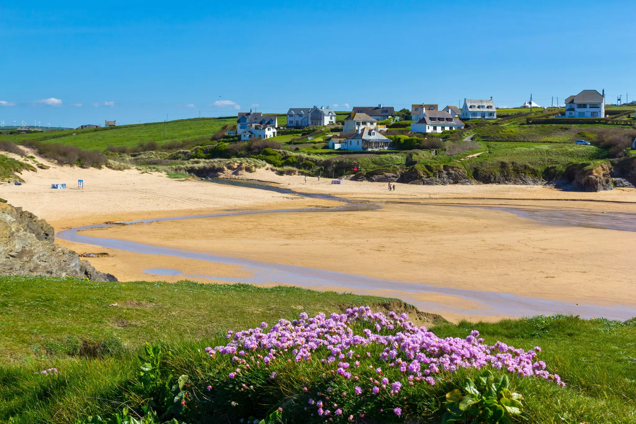Beautiful clear blue sky at Treyarnon Beach, Cornwall, England, UK.