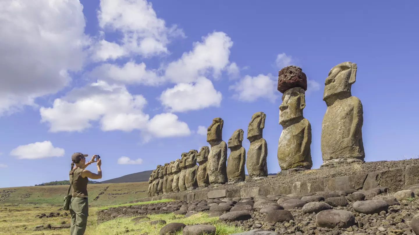 The line of moai at Ahu Tongariki on Rapa Nui (Easter Island), Chile.