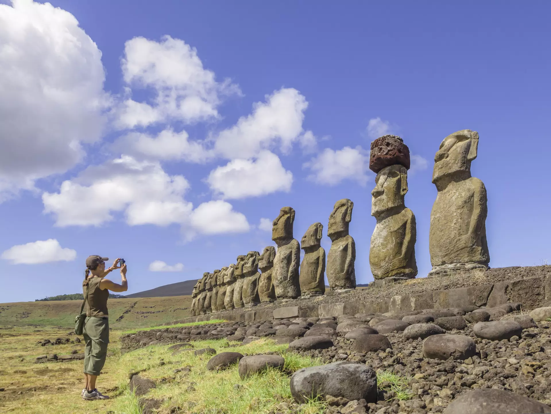 The line of moai at Ahu Tongariki on Rapa Nui (Easter Island), Chile.